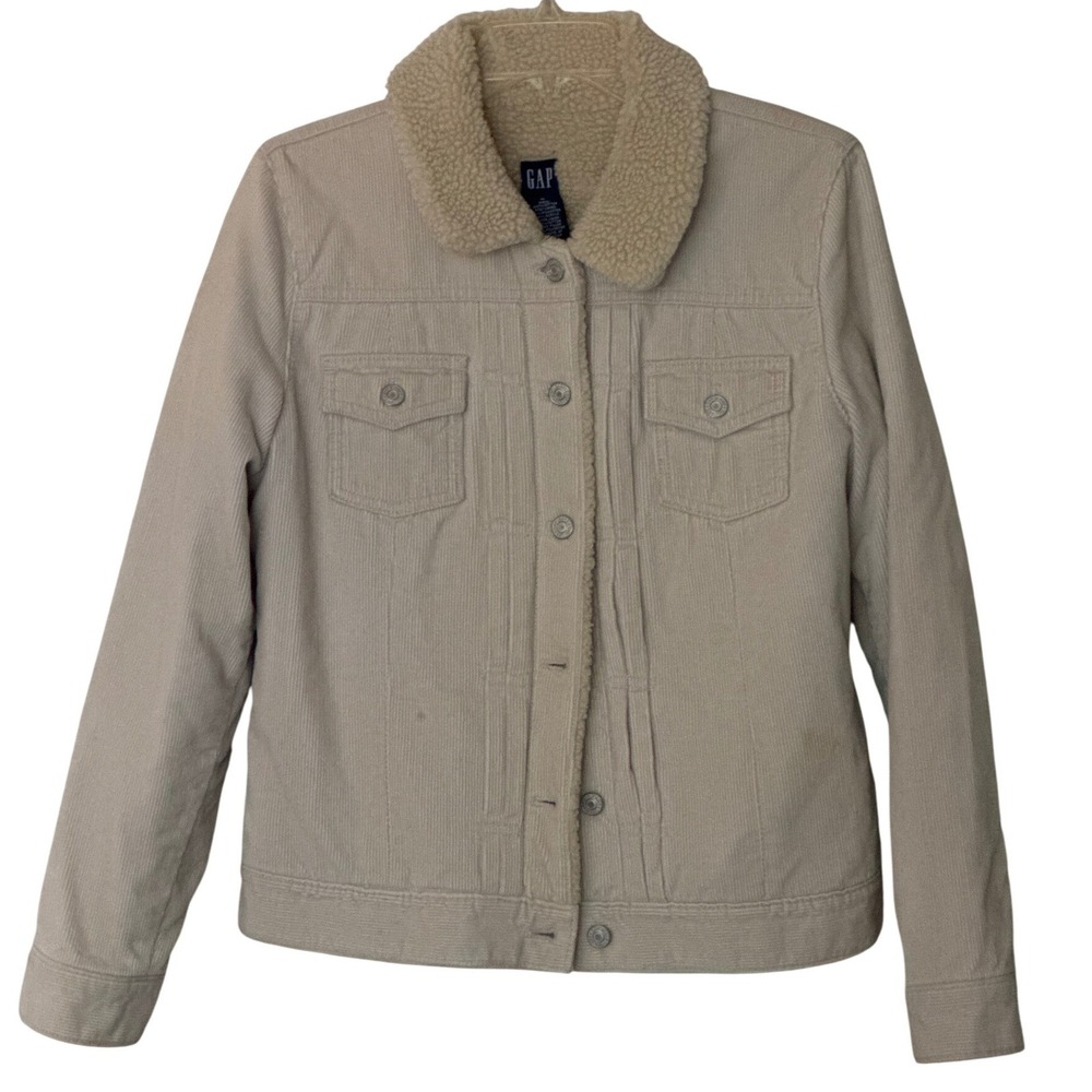 Gap Corduroy Trucker Jacket Women Size M Tan Beige Sherpa Lined Collar